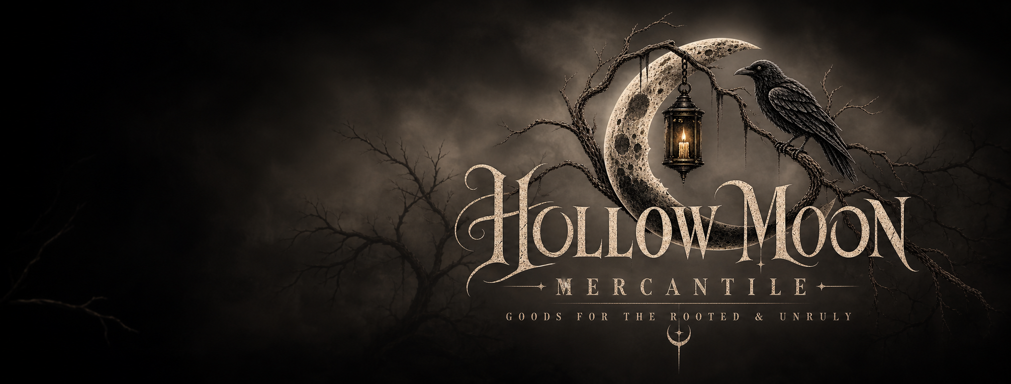 Hollow Moon Mercantile crescent moon, lantern, and crow artwork