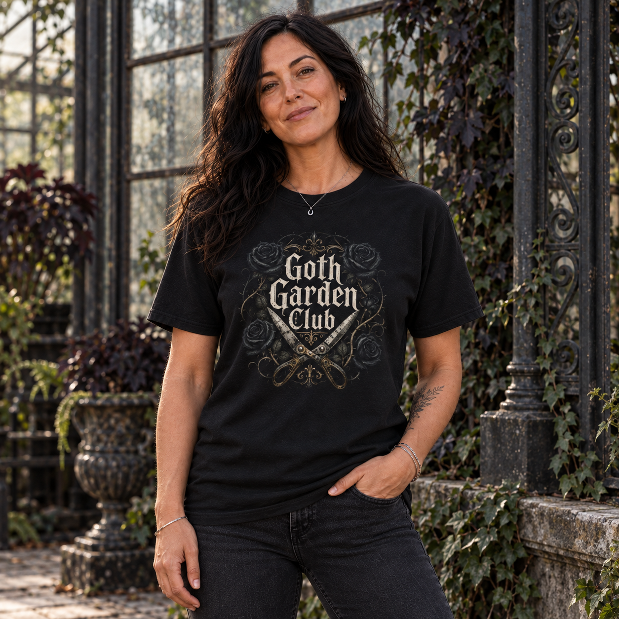 Lisa wearing the Goth Garden Club shirt