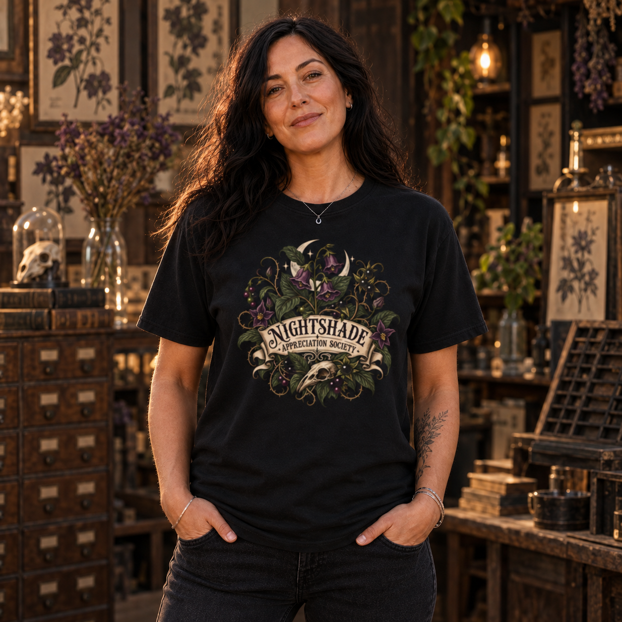 Lisa wearing the Nightshade Appreciation Society shirt