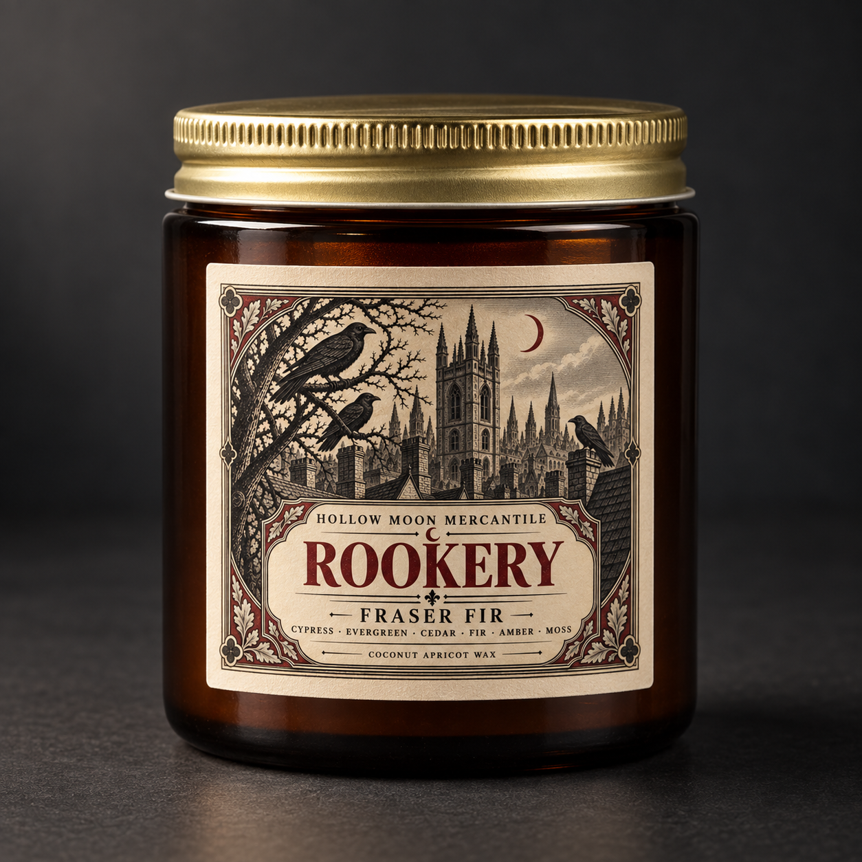 Rookery candle in an amber glass jar