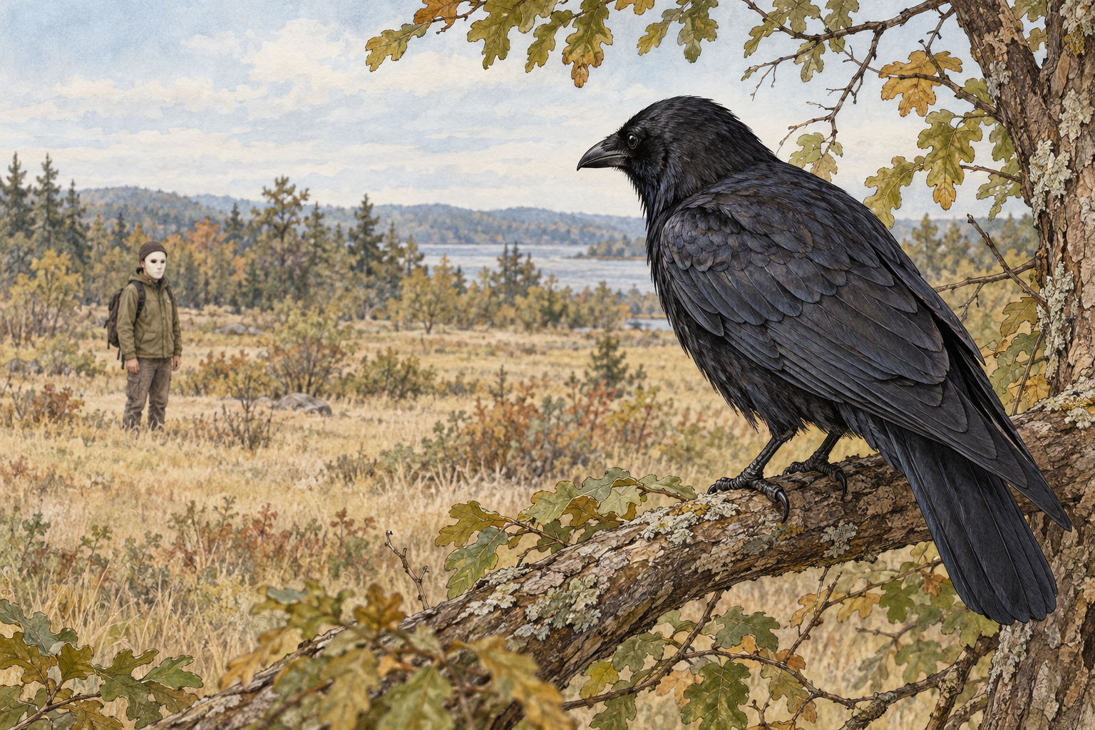 American crow watching a masked researcher during a field observation