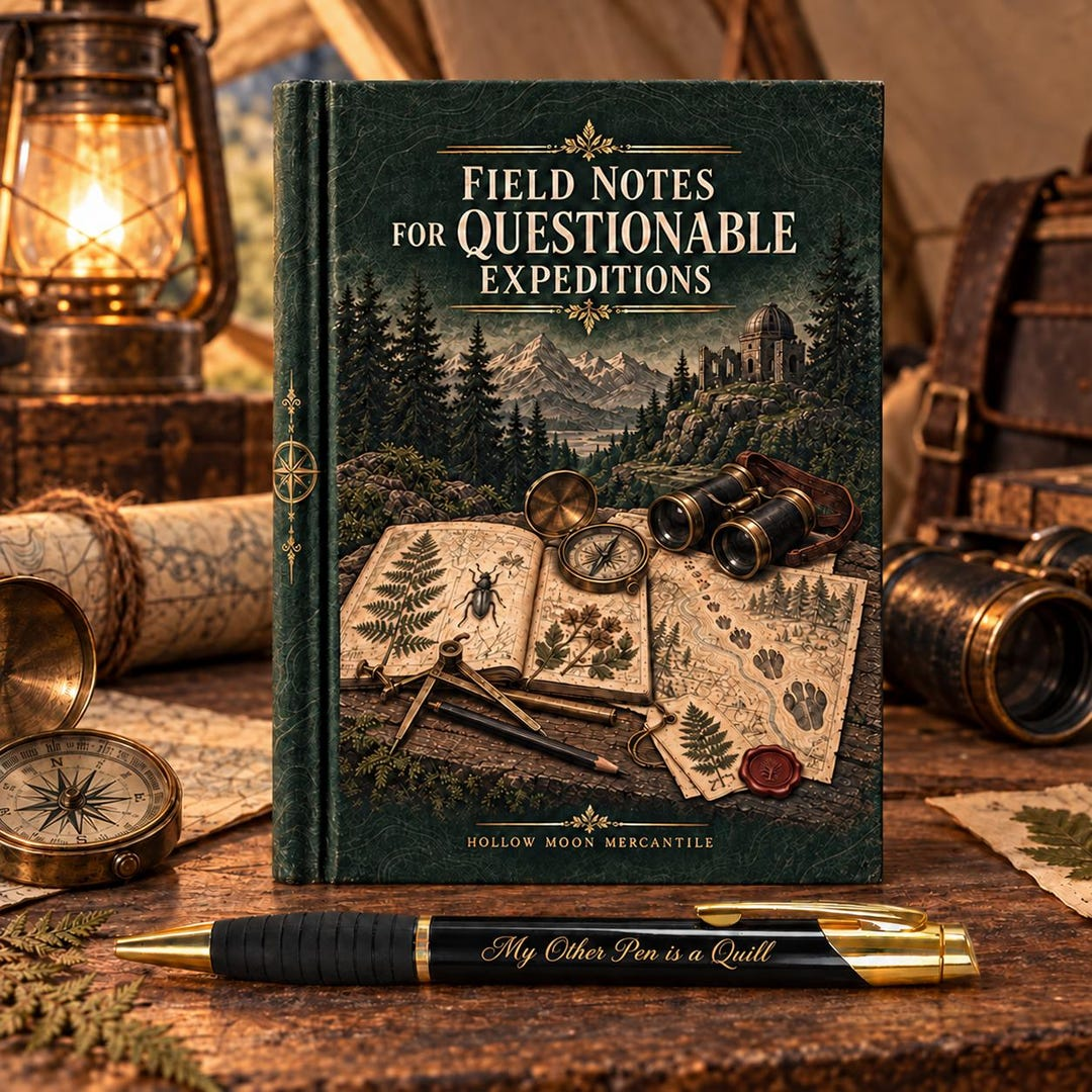 Field Notes for Questionable Expeditions journal and brass pen set from Hollow Moon Mercantile
