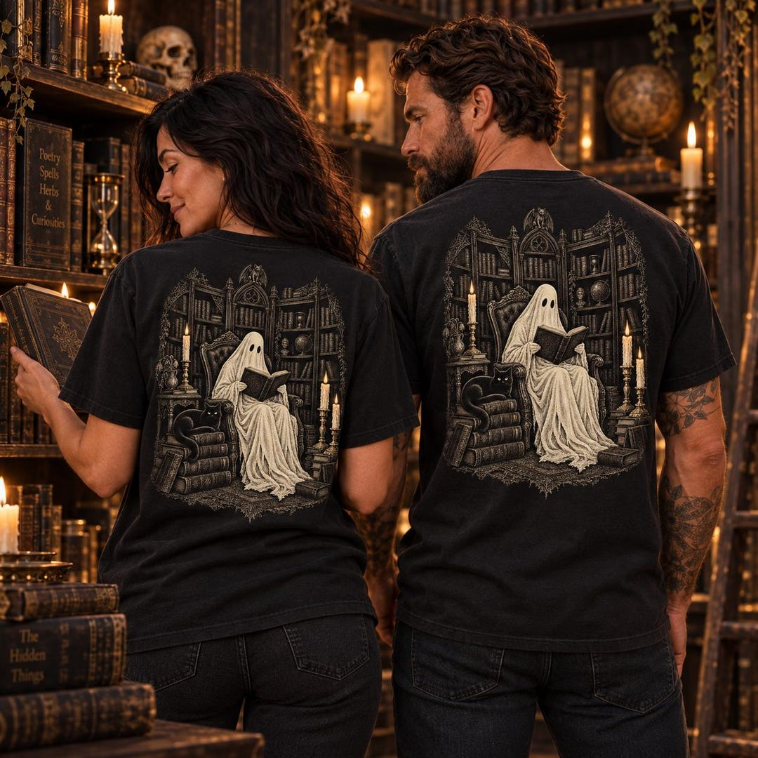 Ghost reading in a library shirt from Hollow Moon Mercantile