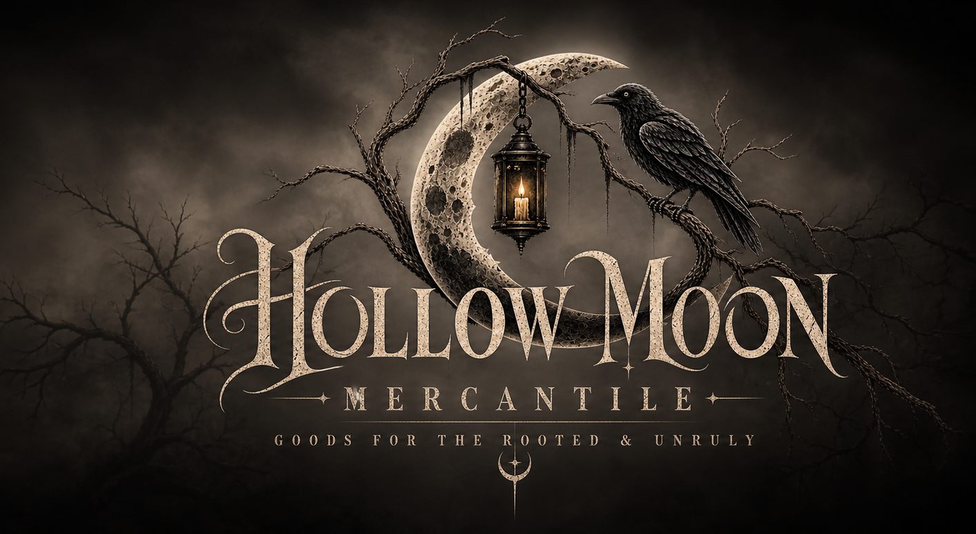 Hollow Moon Mercantile crescent moon, lantern, crow, and wordmark