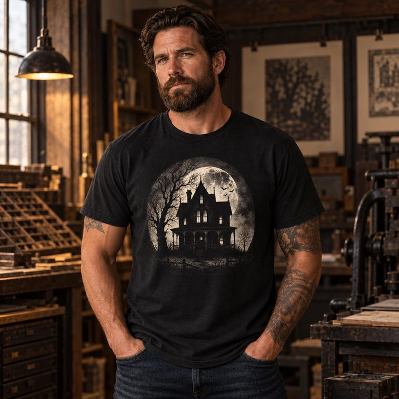 Moonlit Victorian House graphic tee