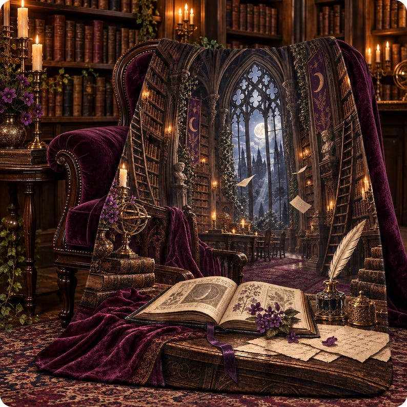 The Midnight Library gothic library sherpa blanket