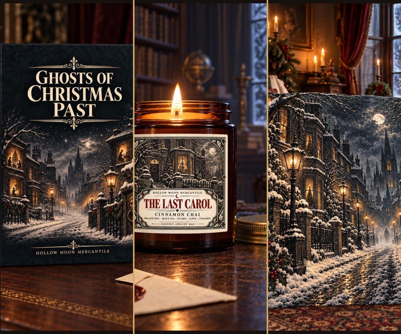 Ghosts of Christmas Past journal, candle, and blanket gift set