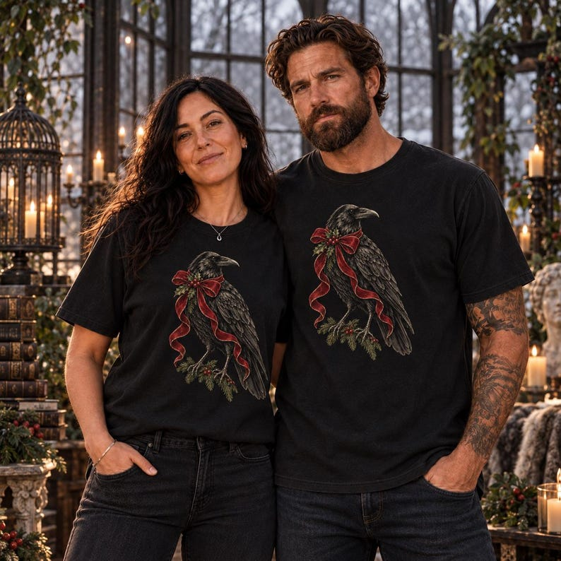 Raven with red ribbon graphic shirt